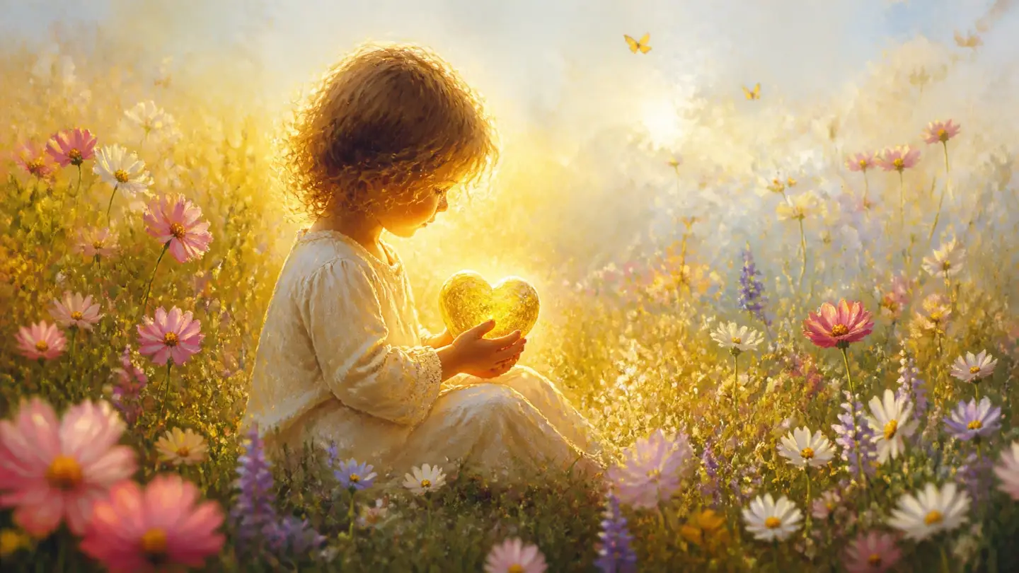 A lush painterly digital illustration of a young child sitting softly in a sunlit meadow holding a glowing golden heart