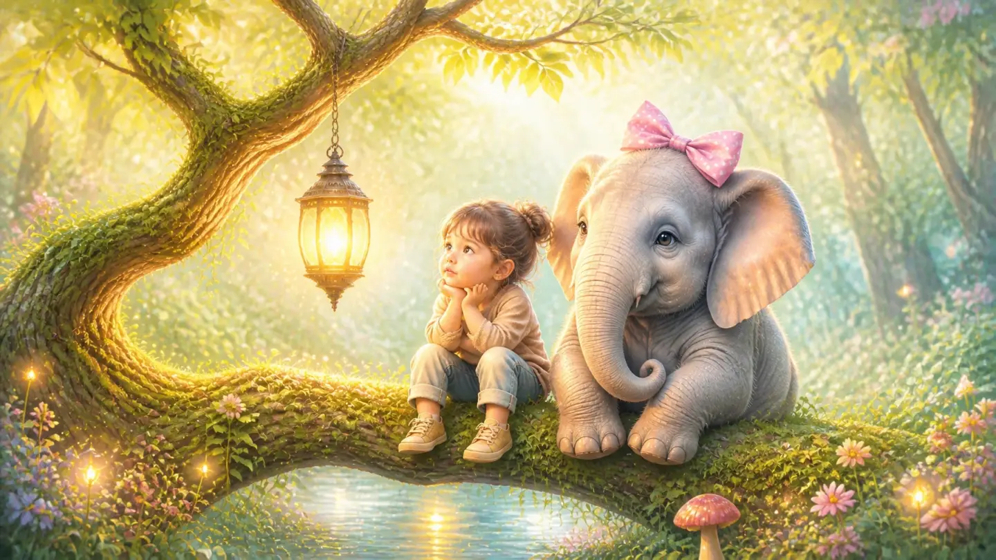 A small child and Ellie the Elephant sit by a glowing lantern in an enchanted forest, representing a safe space for emotional connection.