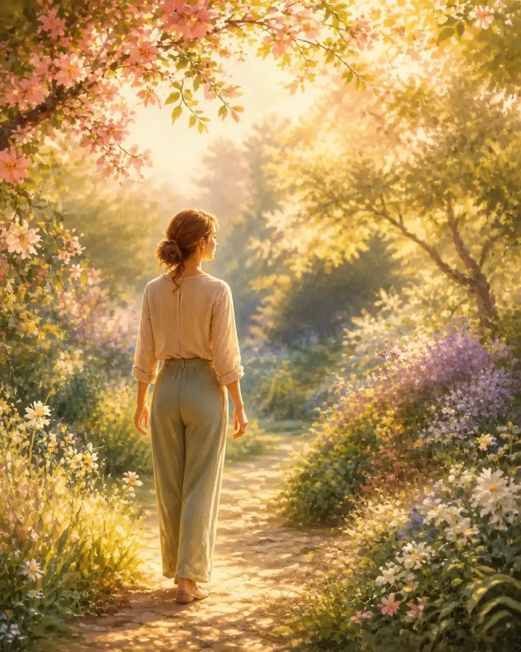 An adult walking through a bright flowering garden, symbolizing embodied healing, nature, and taking one gentle step forward