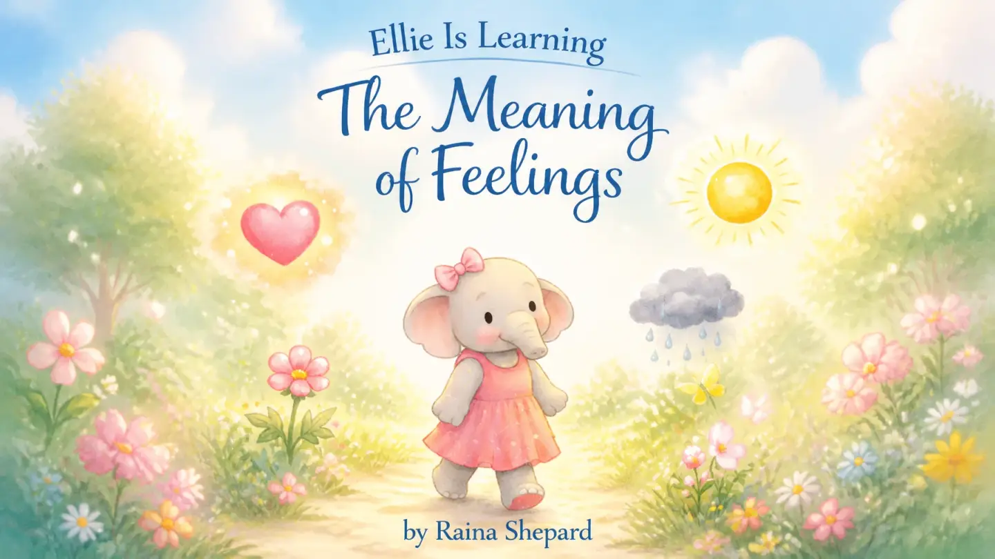 Ellie the Elephant walking through a meadow with emotional symbols.