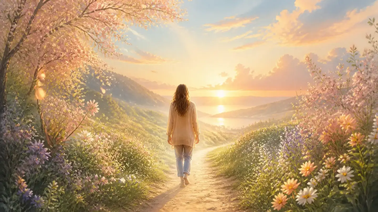 An adult standing on a sunlit path toward a radiant horizon, symbolizing spiritual growth and personal transformation