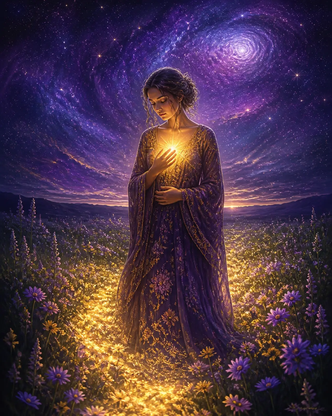A woman stands in a vast, dark field under a violet sky, a soft radiant light glowing from her chest.