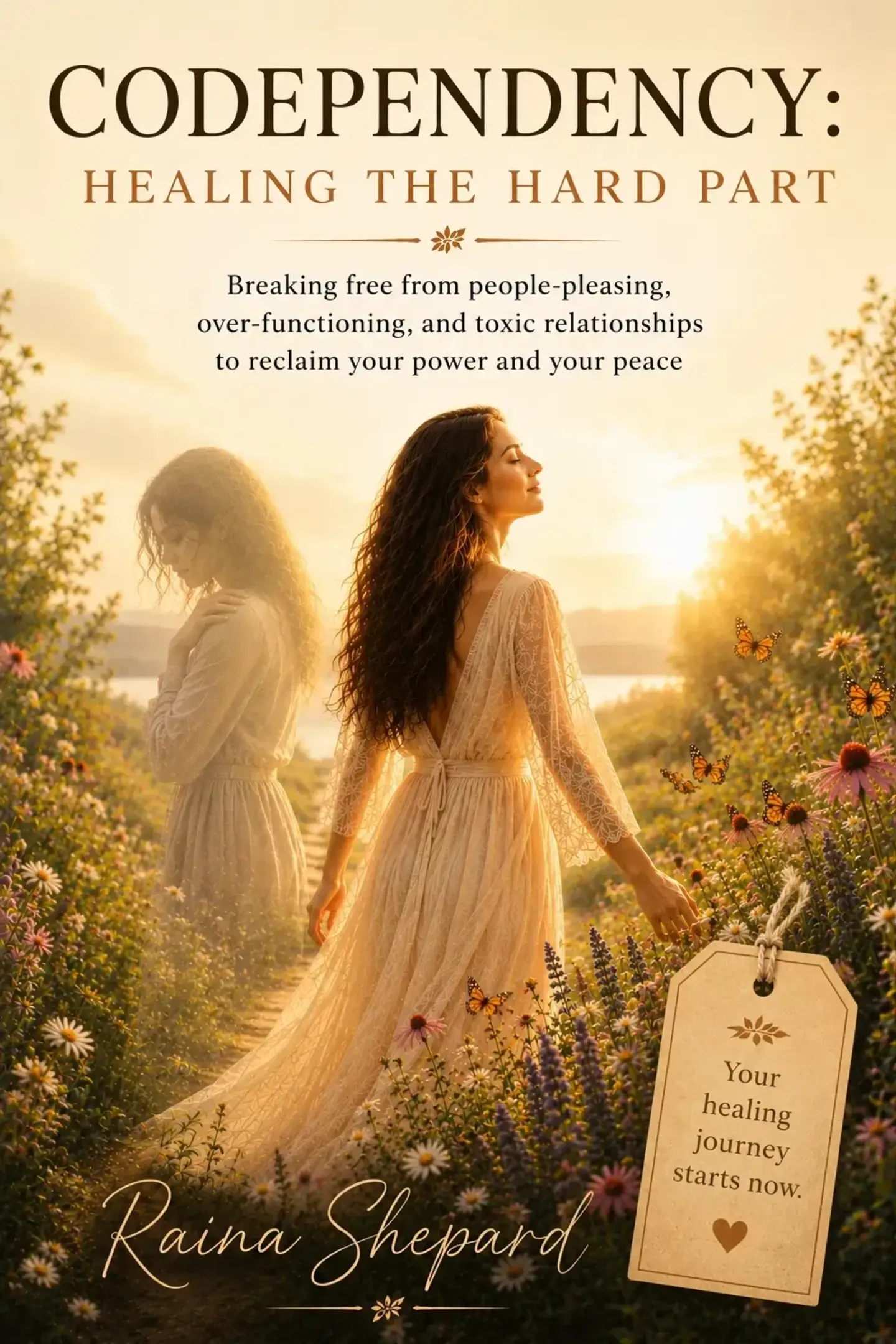 A woman walking through a sunlit meadow toward healing, surrounded by wildflowers and butterflies
