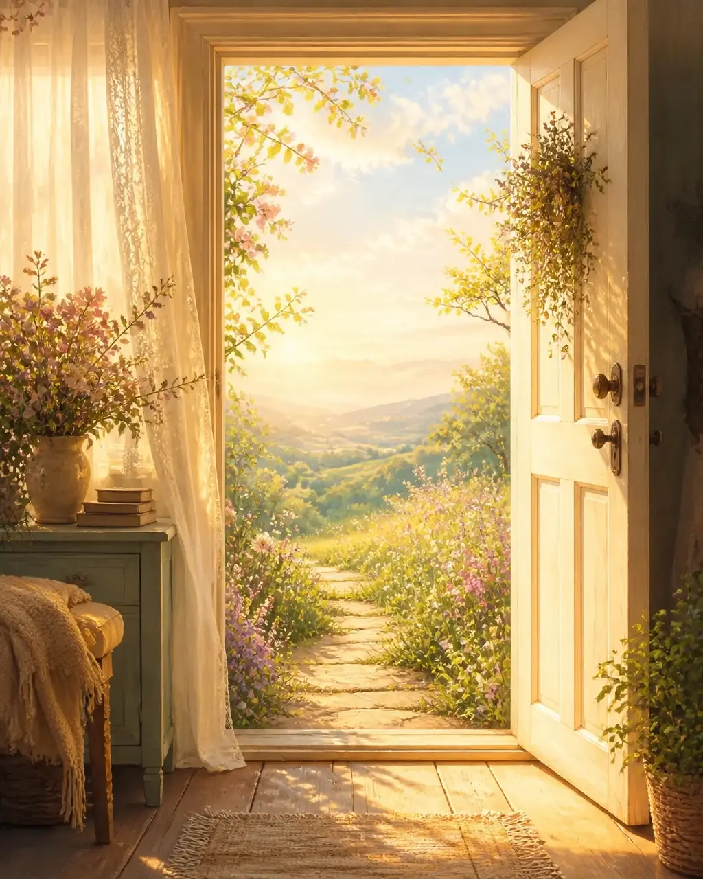 A bright doorway opening from a softly furnished room onto a radiant meadow, symbolizing a next step, renewed hope, and returning to yourself