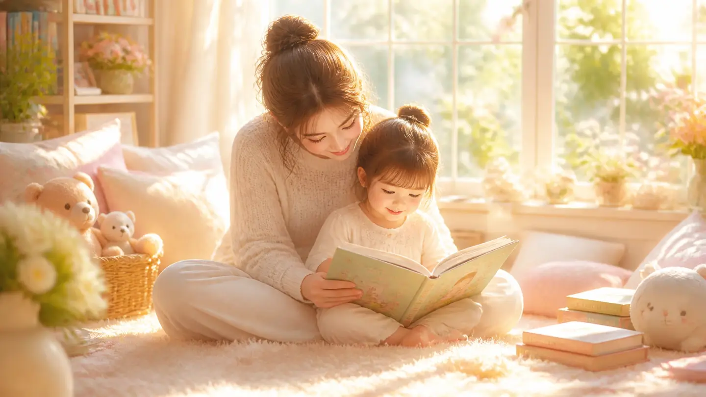 A parent and child reading together in a sun-drenched, airy room, surrounded by soft pastels and shimmering light