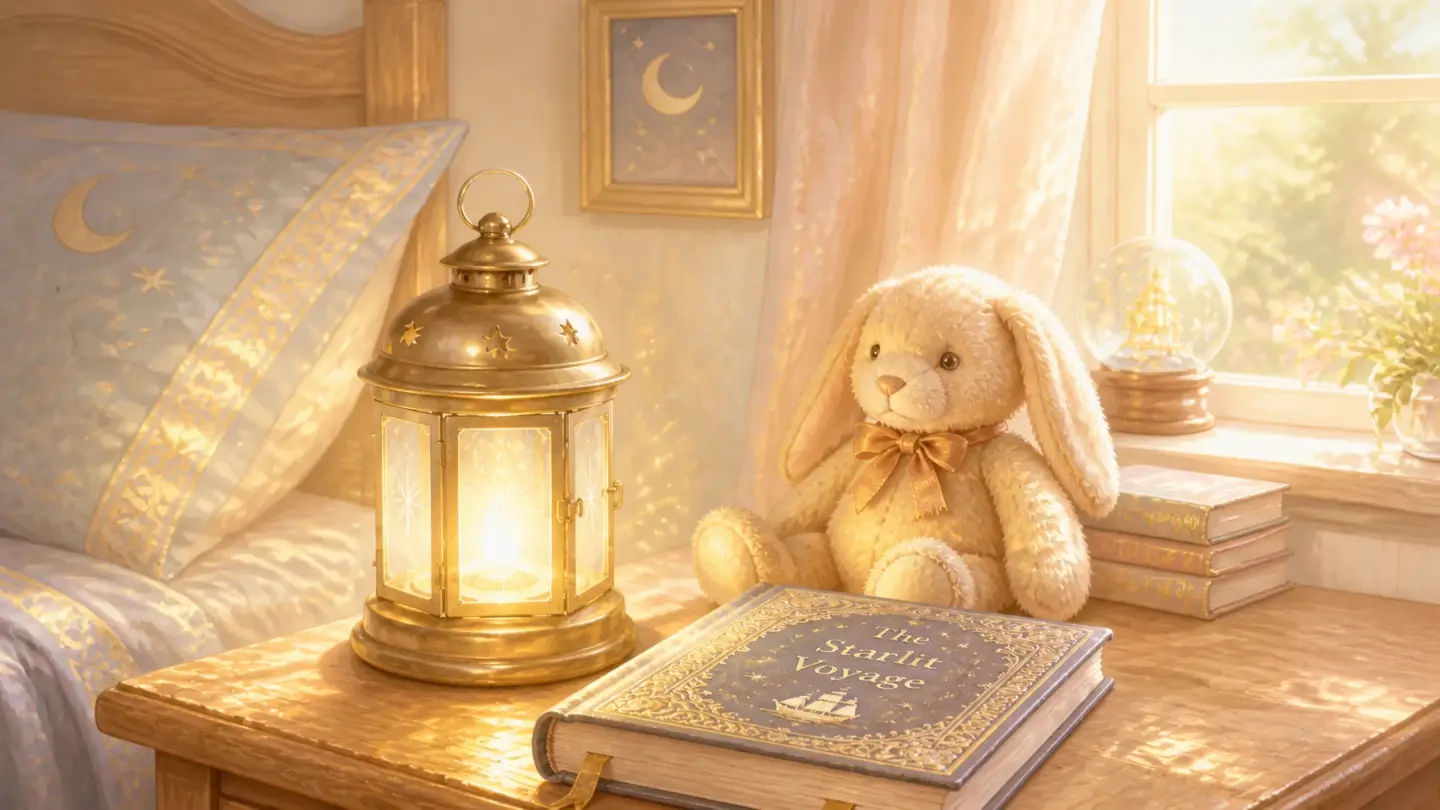 A glowing golden lantern on a bedside table in a room with soft indigo shadows