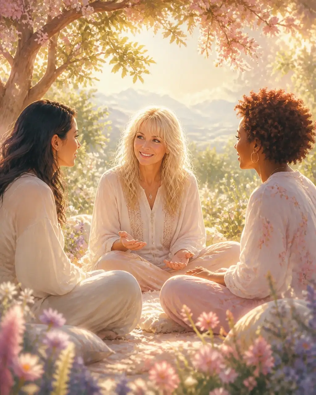 Three adults sitting in a peaceful sunlit circle beneath flowering trees, symbolizing safe community, listening, and spiritual support