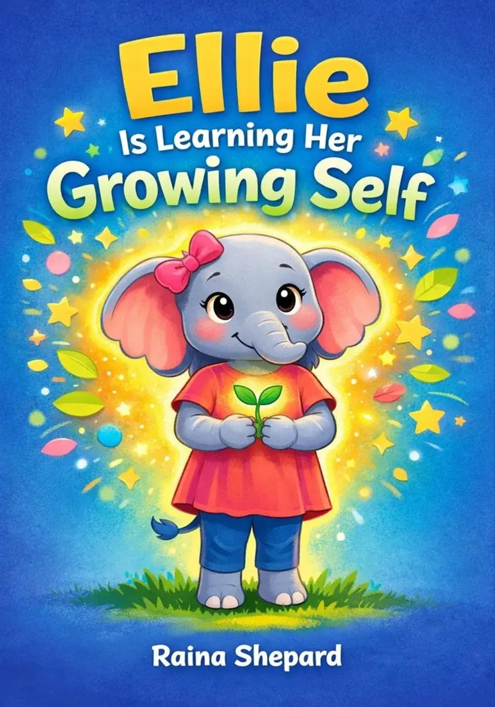 Ellie the Elephant holding a glowing sprout in a bright, star-filled illustration