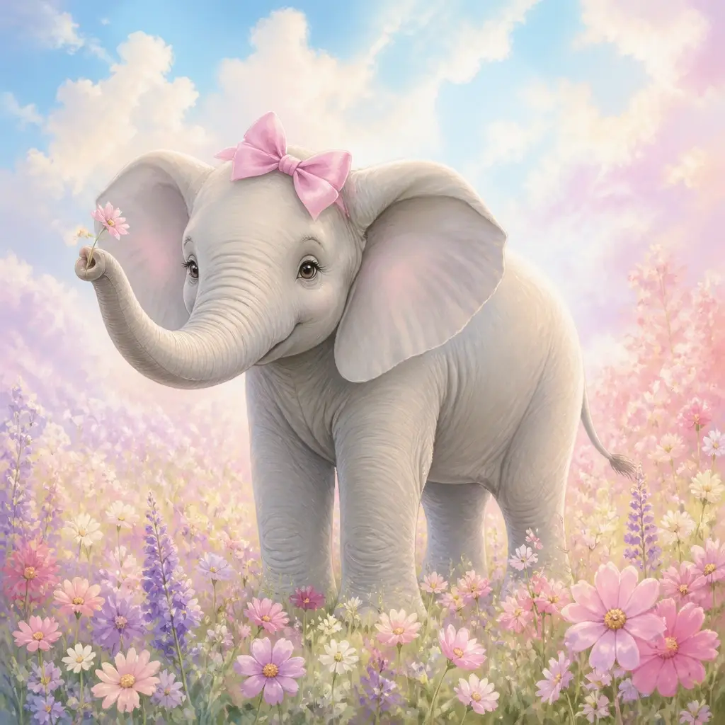 Ellie the Elephant standing in a bright, flowering meadow, bathed in soft, radiant sunlight