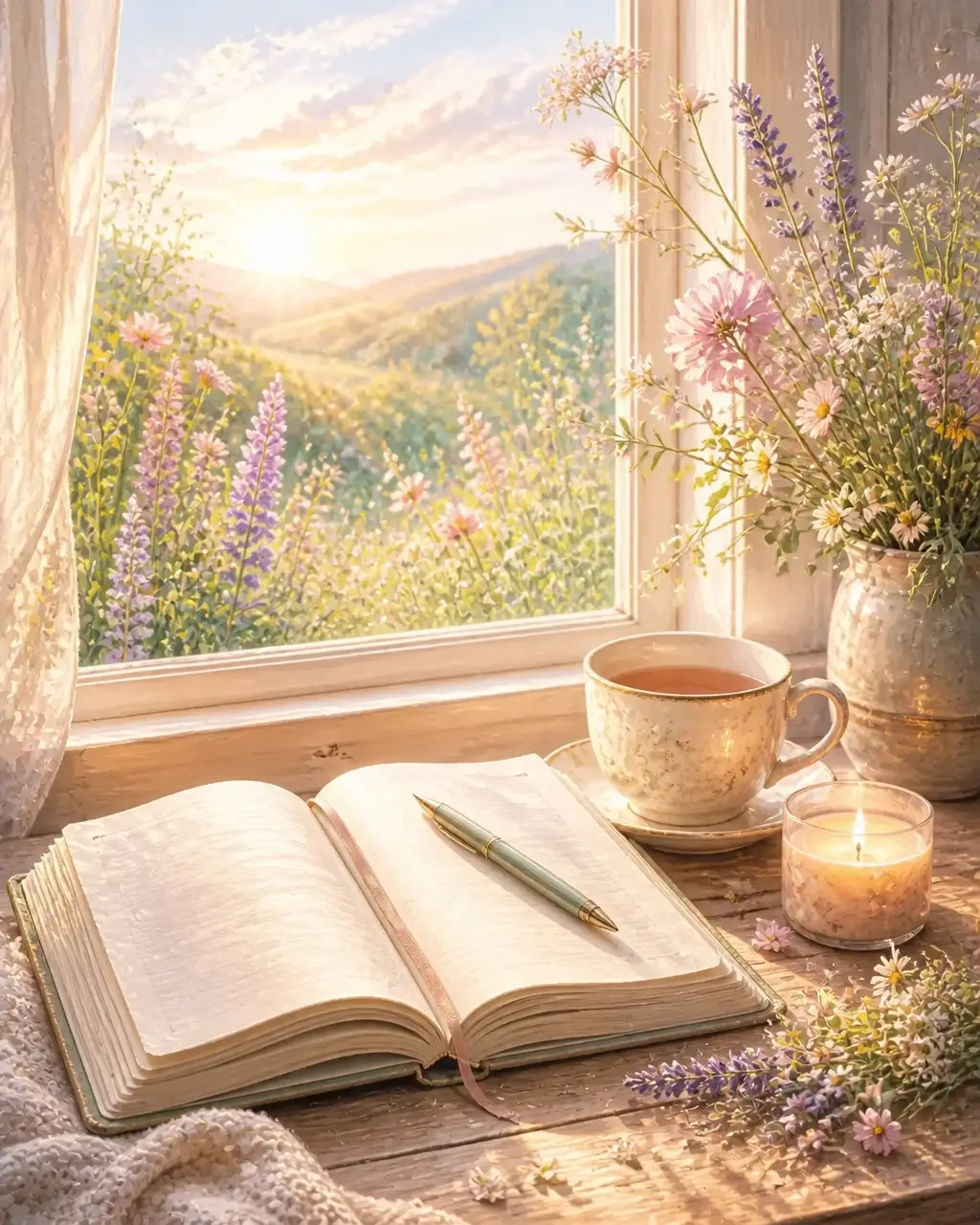 An open journal, cup of tea, and candle on a sunlit table beside a window, representing honest reflection and a gentle spiritual practice