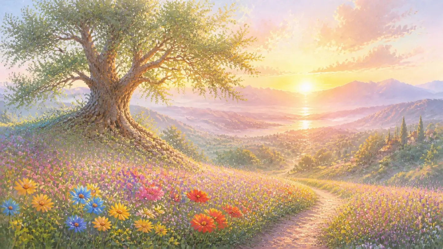 A serene dawn landscape with jewel-toned wildflowers